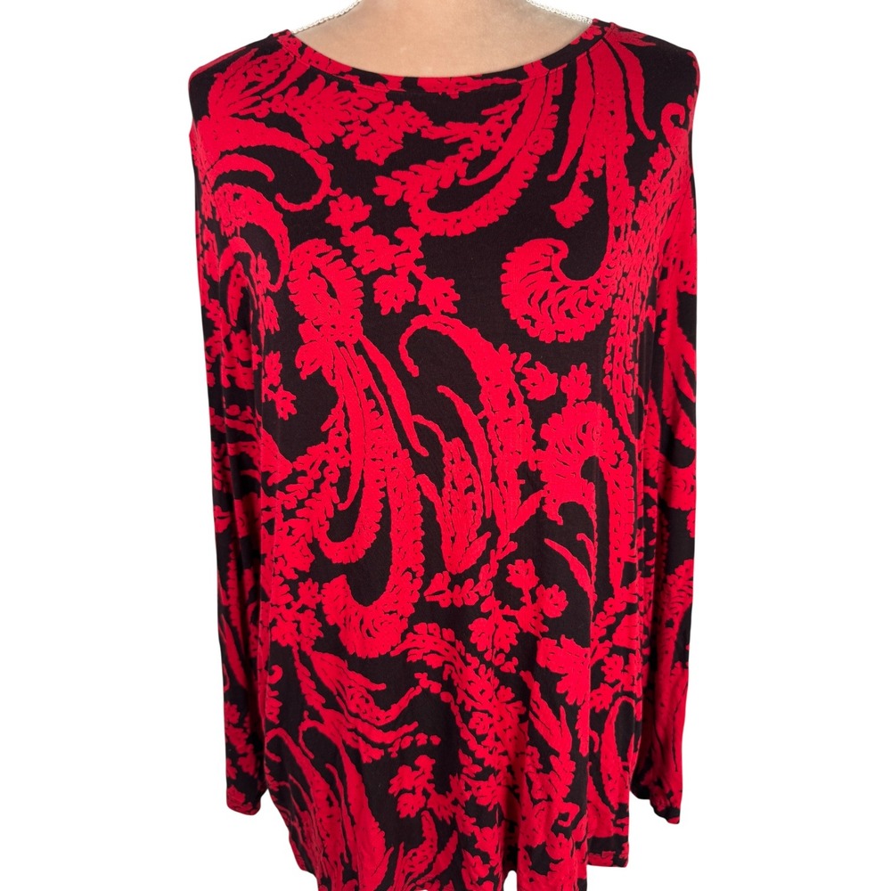 Chico's Women's Size‎ XL Red and Black Paisley Print Long Sleeve Top Holidays